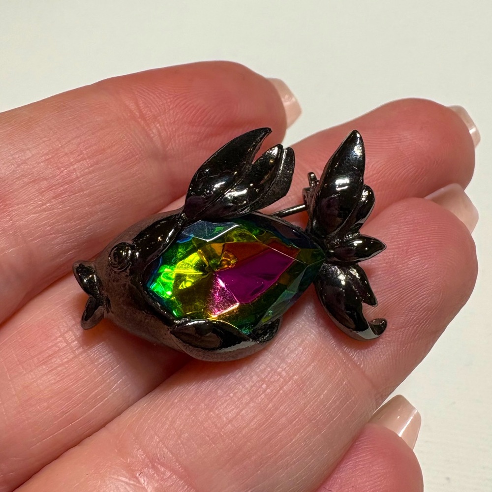 AS Silvertone Gunmetal Mystic Multicolor Rhinestone Angel Fish Brooch Pin Signed